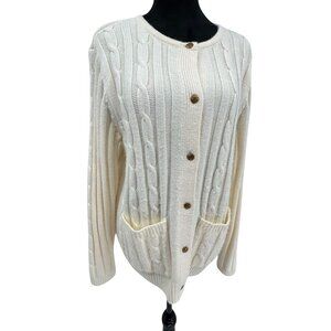 Classic Elements Fisherman Cable Knit Cardigan‎ Sweater L Pockets Ivory Womens